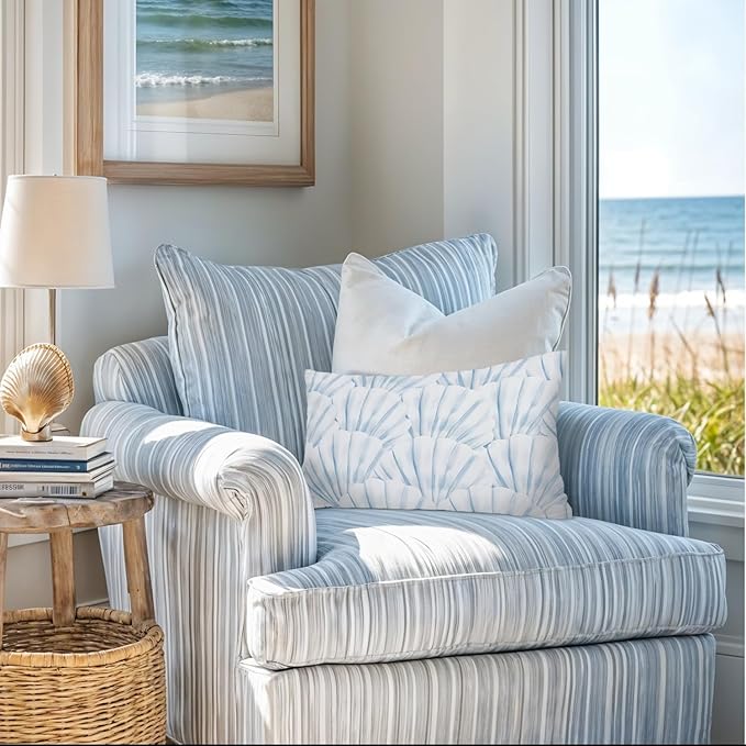 Coastal Beach Room Decor 12x20 Pillow Cover, Blue Seashell Ocean Coastal Beachy Decorative Lumbar Pillow Covers for Bedroom Living Room Home Sofa Couch