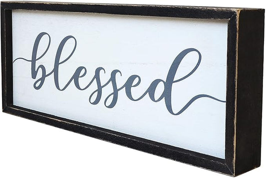 Rustic Blessed Freestanding Sign Home Decor for Living Room - Farmhouse Framed Blessed Wall Art Solid Wood Grey 12x5 Inches