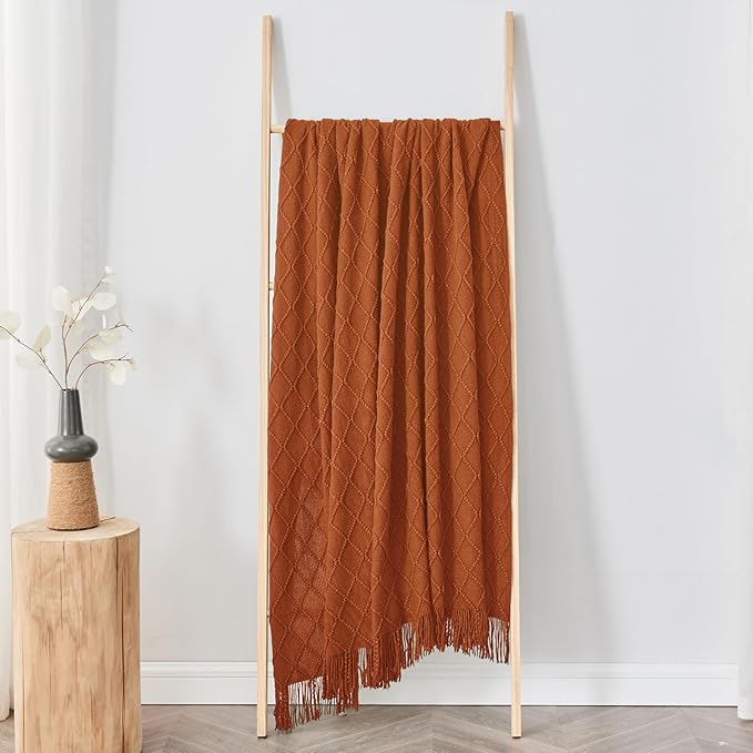inhand Knitted Throw Blankets for Couch and Bed, Soft Cozy Knit Blanket with Tassel, Orange Rust Lightweight Decorative Blankets and Throws, Farmhouse Warm Woven Blanket for Men and Women, 50"x60"