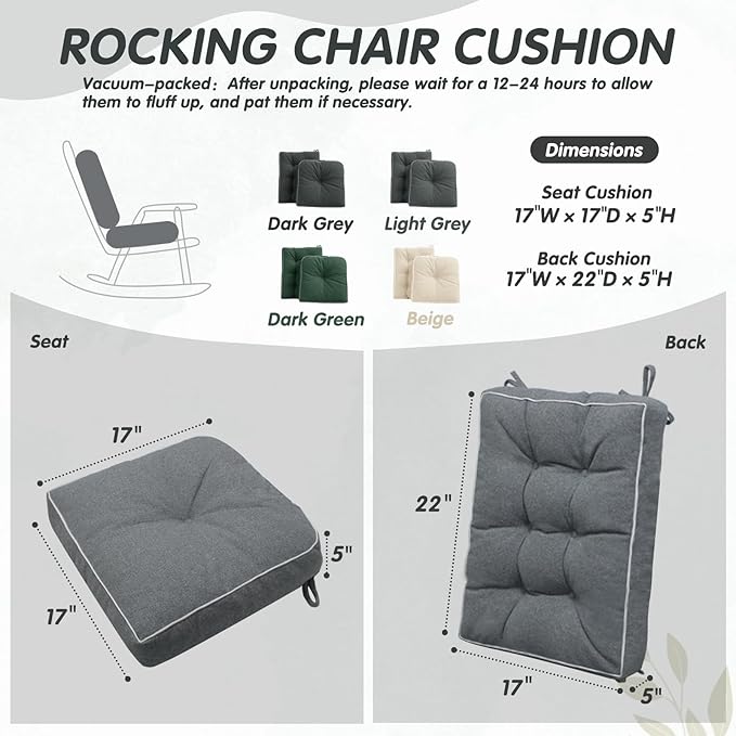 YZ HOME Rocking Chair Cushion, Set of Thicken Seat & Back Chair Cushions with Memory Foam, Non-Slip Chair Pad with Ties for for Indoor&Outdoor Rocker, Light Grey, 22x17x5/17x17x5