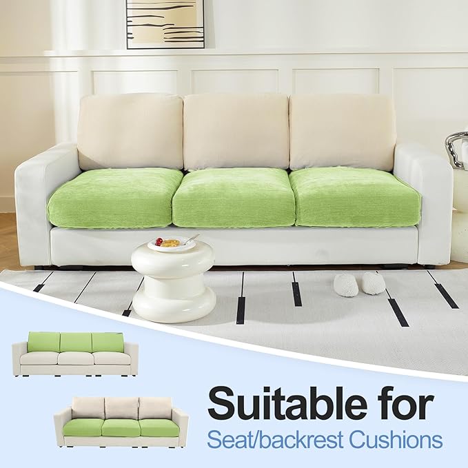 Couch Cushion Covers Individual Large Super Stretch Chenille (Softer Version) Sofa Cushion Covers, Couch Seat Covers Couch Slipcovers Furniture Protector (3PC, Green)