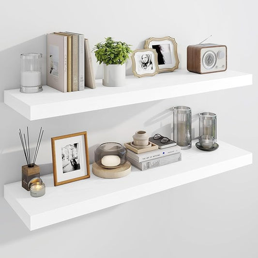 Marsmiles 39" Floating Shelves for Wall, Wooden Shelves with Invisible Brackets Set of 2, Rustic Farmhouse Wall Mounted Shelf for Kitchen Bathroom Living Room Study, White