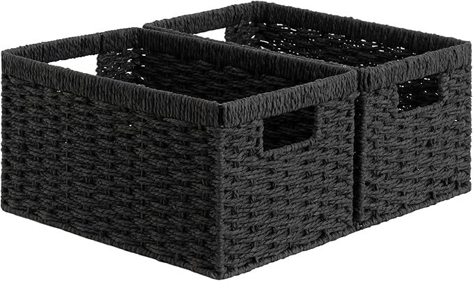 StorageWorks Pantry Baskets, Wicker Storage Baskets for Organizing, Bathroom Shelves, Pantry Organizers and Storage, Medium, Black, 2-Pack