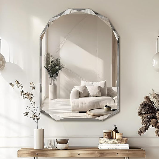 Bathroom Mirror for Wall, 30" x 40" Arched Mirror, Bathroom Vanity Mirrors, Beveled Edge Frameless Wall Mount Vanity Mirror, Wall Mirror Decorative, Irregular Beveled Edge Mirror