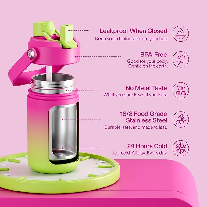 Kids Insualated Water Bottle with Straw - 12oz Stainless Steel Water Bottle with Dual Spouts, Leak-Proof, BPA-Free, Double Wall Vacuum Keeps Cold for 24 Hours for Sports, Travel, School (Lime Sorbet)