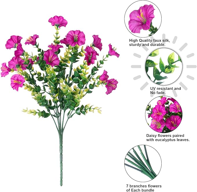 Artificial Flowers for Outdoors Fake Plants, 12 Bundles Faux Fuchsia Morning Glory UV Resistant Look Real Silk Flowers for Outside Planter Front Door Porch Patio Yard Fall Autumn Decoration