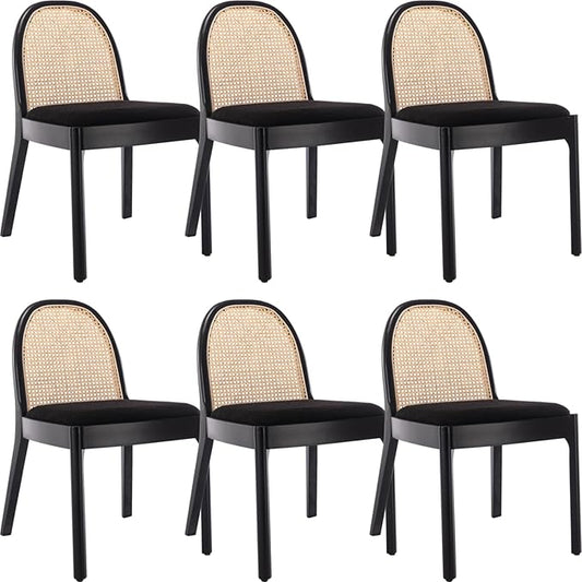 Mid Century Dining Chairs Set of 6, Accent Rattan Sherpa Fabric Side Chairs Kitchen Chair with Solid Wooden Legs for Living Room Dining Room, Black