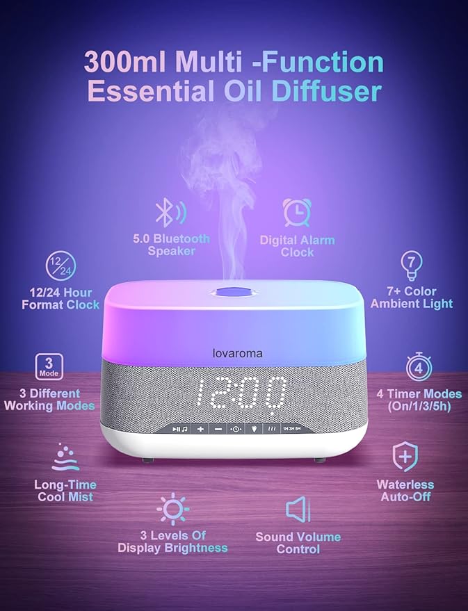 Versatile Essential Oil Diffuser, 300ml Aroma Diffuser with Bluetooth Speaker and Alarm Clock, 7 Colors LED Light Aromatherapy Diffusers & Cool Mist Humidifier 3-Level Brightness, Auto-Off Protection