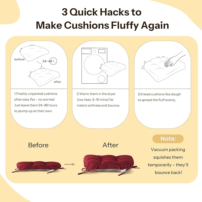 Non Slip Chair Cushions for Dining Chairs Set of 4 Kitchen Chair Cushions 18"x18"x3" Turfted Chair Pads Comfortable and Soft Seat Cushion with Ties, Burgundy