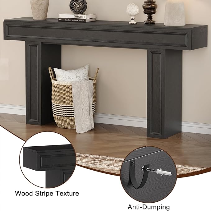 Rresyet 63 Inch Long Console Table, Sofa Table Behind Sofa, Wooden Entryway Table, Farmhouse Entryway Table for Entry, Hallway, Living Room (Black)