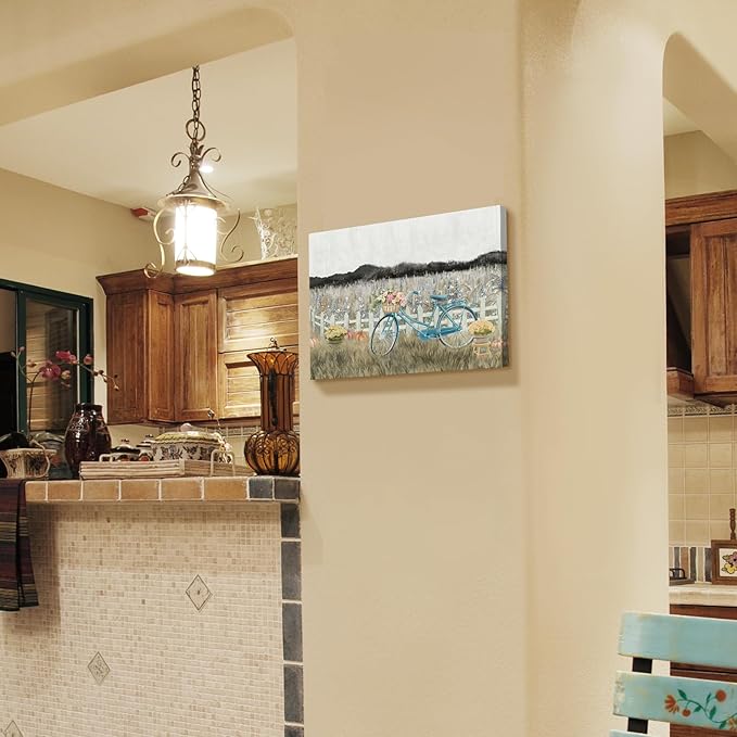 Farmhouse Decor Bathroom Fall Wall Art Vintage Boho Landscape Nature Canvas Picture Mountains, Bicycle Lavender Flowers Floral Neutral Small Artwork for Modern Organnic Country Rustic Cottagecore Bedroom