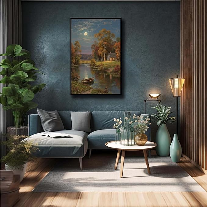 Small house by the stream under the moonlight tranquil style suitable for living room bedroom and office landscape poster wall art