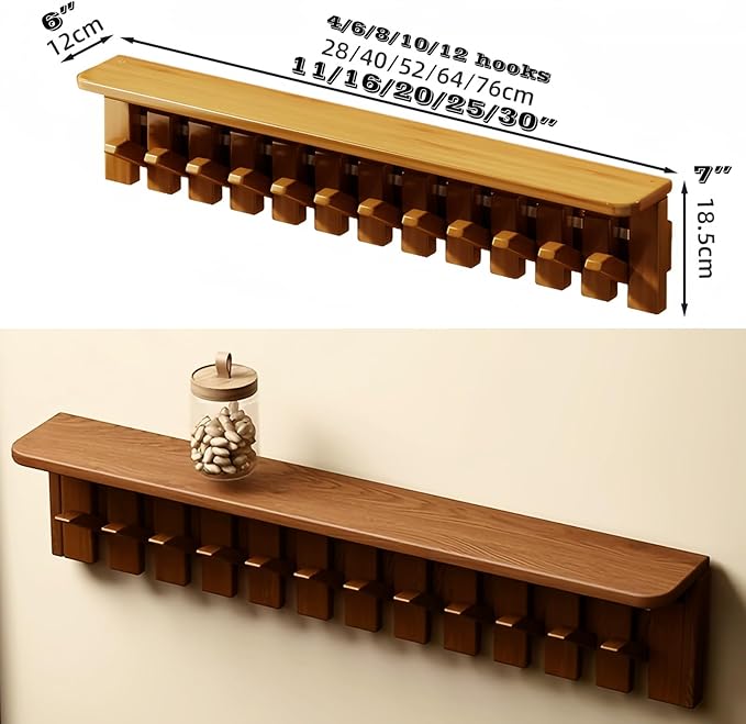 Wall Mounted Piano Key Hanger | Flip Style Hook | Entrance Wall Art Hook, Made of Oak Wood (3 Times Painted, 4 Times Polished) (Tray Walnut, 8Hooks)