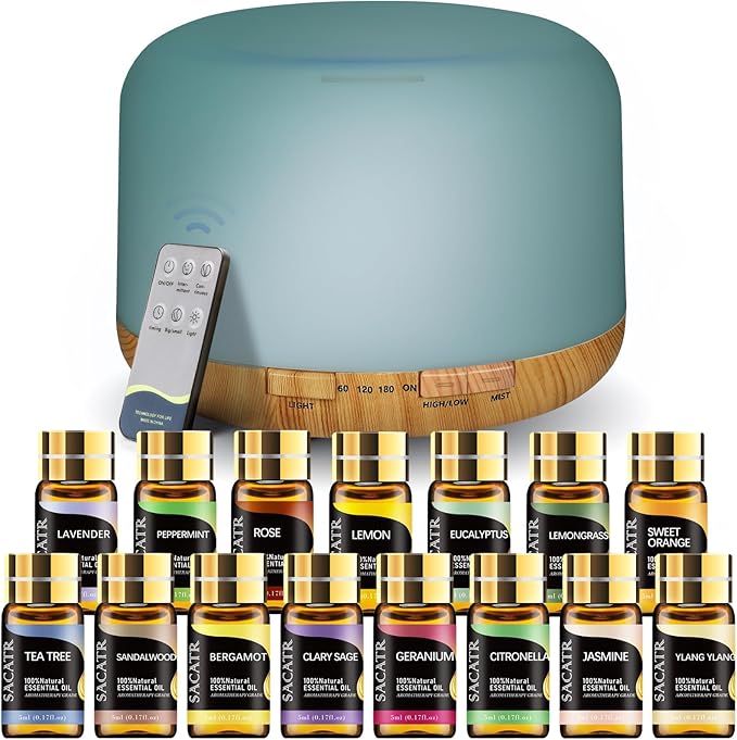 SACATR Essential Oil Diffusers for Home with 15 Oil Diffuser Sets, 500ml Aroma Diffuser for Essential Oils Large Room, Ultrasonic Cool Mist Diffuser Auto Shut-Off 4 Timers 15 Colors (15x5mL)