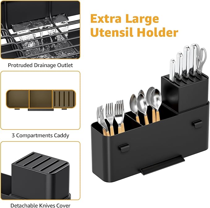 Dish Drying Rack for Kitchen Counter, Expandable Large Capacity Dish Rack with Drainboard, Wine Glasses Holder, Space Saving Organizer, Black