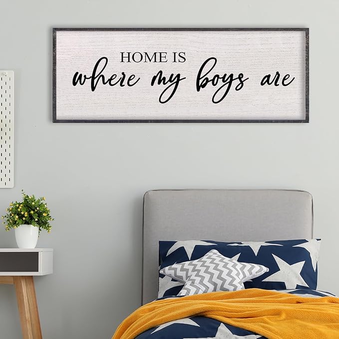 Home Is Where My Boys Are Wall Decor 40"×15" mom and her boys Sign for boys room Playroom Large Wood Framed Wall Hanging Art (Black)