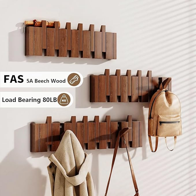 Wall Mounted Piano Key Hanger | Flip Style Hook | Entrance Wall Art Hook, Made of Oak Wood (3 Times Painted, 4 Times Polished) (LED Walnut, 8Hooks)