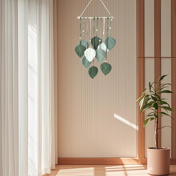 Madiffcult Macrame Wall Hanging Boho Wall Decor Woven Feather Wall Art Handmade Macrame Leaf Tapestry with Wooden Beads for Bedroom Living Room Nursery 16x27 Inch (Green)