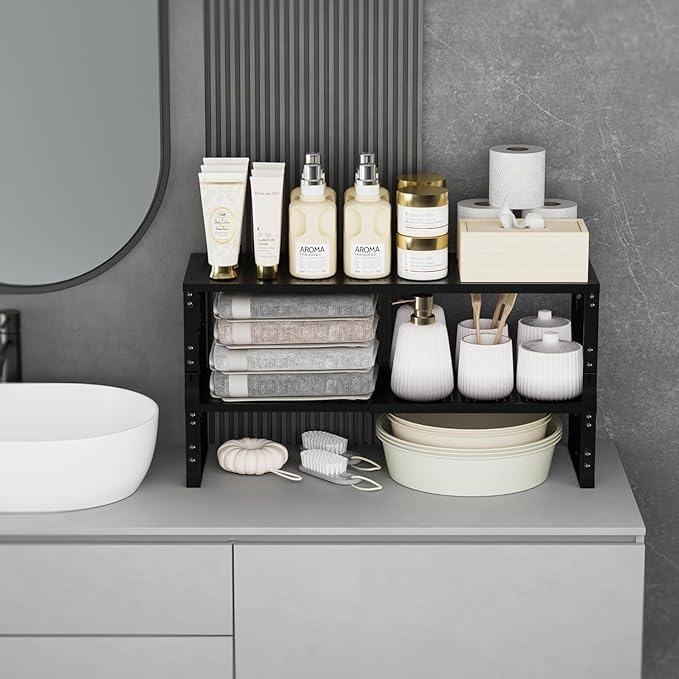 Expandable Spice Rack,Stackable Storage for Cabinet, Multi-Functional Kitchen Shelving,Height-Adjustable,Sustainable Organizer Solution(1Pack/Black/Medium)