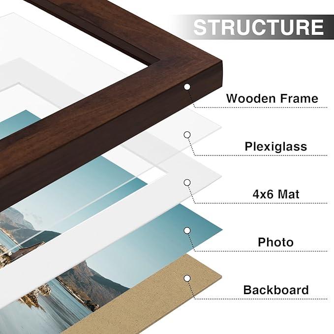 Vittanly 5x7 Picture Frames Set of 9, Shatter Resistant Plexiglass, Display 4x6 Pictures with Mat or 5x7 without Mat, Photo Frames for Wall or Tabletop, Engineered Wood, Walnut