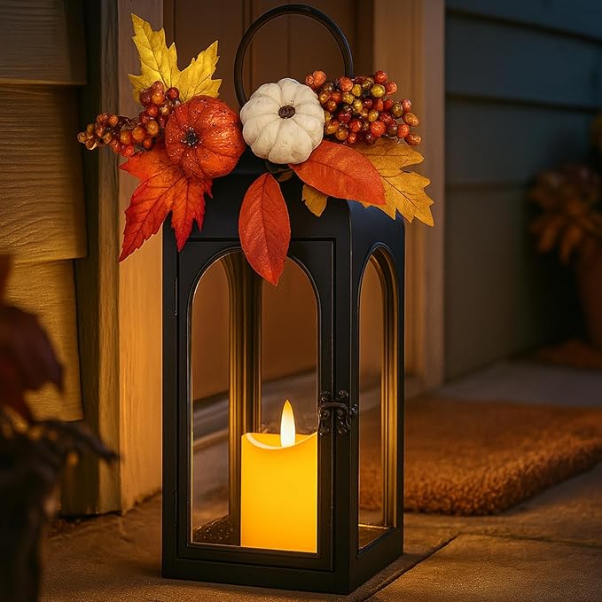 Bdor 2 Pack Fall Lanterns Decor with LED Candle – 16 Inch Harvest Pumpkin Maple Leaf Hanging Lantern for Autumn Thanksgiving Table Centerpiece Indoor Outdoor Decoration, Battery Operated