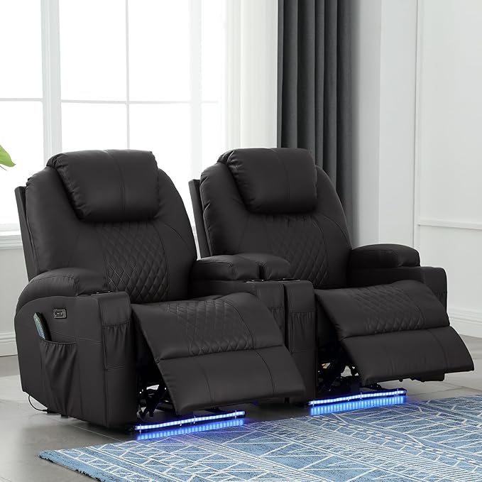 Power Recliner Chair with Heat and Massage, PU Leather Home Theater Seating with LED Lights/Cup Holders/Side Pocket/USB Port, Reclining Sofa Chair for Living Room (2, Black)