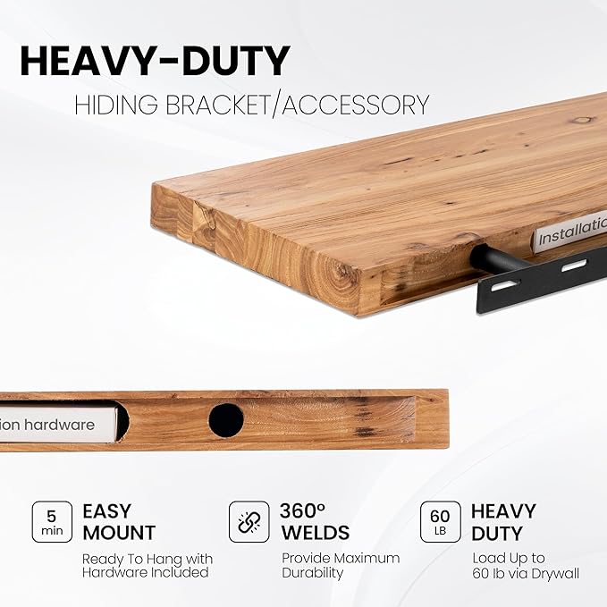 Fun Memories Wood Floating Shelves for Wall, 48 Inch Floating Shelves Wall Mounted, Rustic Elm Wood Shelf for Home Decor, Heavy-Duty Storage Shelves for Living Room, Bathroom, Kitchen, Natural Finish
