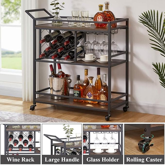 FATORRI Bar Cart for The Home with Wine Rack and Glasses Holder, Small Home Bar Serving Cart on Wheels for Liquor and Alcohol (Walnut Brown)
