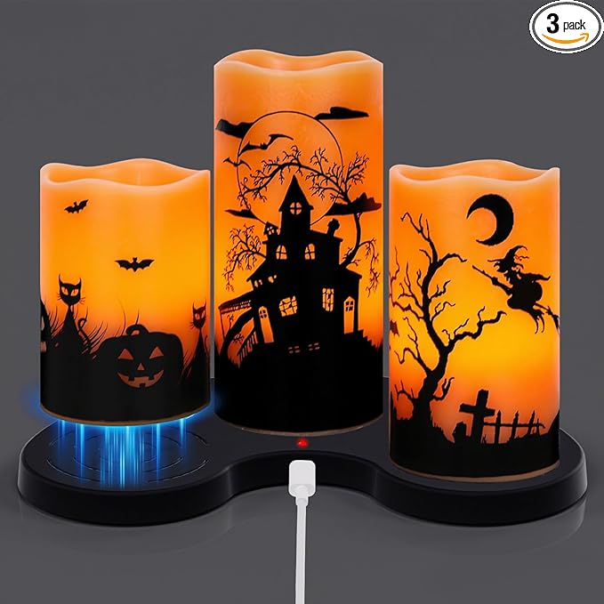 Wondise Halloween Rechargable Flickering Flameless Candles with 6H Timer, Battery Operated LED Real Wax Candles with Charging Base Set of 3 Halloween Home Decoration Gifts(3 x 4 5 6 Inch)