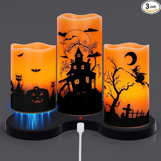 Wondise Halloween Rechargable Flickering Flameless Candles with 6H Timer, Battery Operated LED Real Wax Candles with Charging Base Set of 3 Halloween Home Decoration Gifts(3 x 4 5 6 Inch)