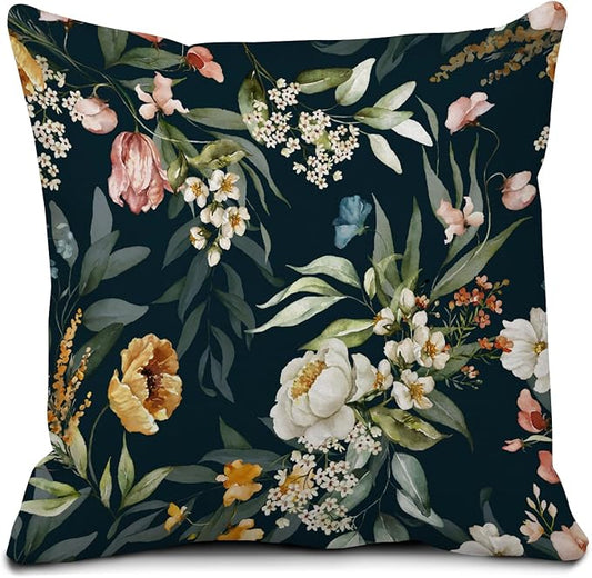 Decorative Throw Pillow Covers 18x18 Inch, Cute Home Decor for Living Room Outdoor Funny Pillowcase Polyester Cushion Case Dark Floral Navy