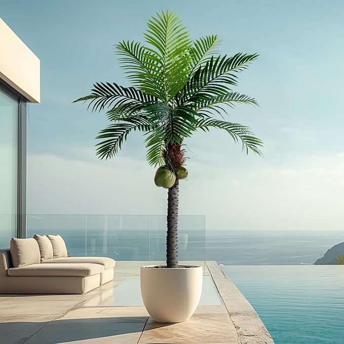 6FT Artificial Phoenix Palm Tree with Coconut Fruit Outdoor Indoor Decor Large Faux Coconut Silk Palm Tree Tropical Fake Tree Large Faux Sago Palm Plant for Home Yard Outside Patio Poolside