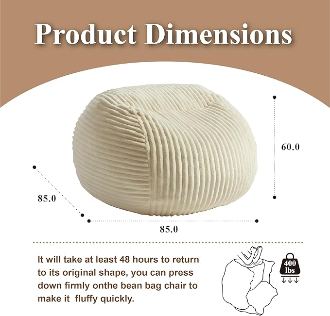 Premium Beige Bean Bag Chair for Adults with Armrest- Ultra Plush Memory Foam Lounge Sofa & Comfy Reading Nook Chair for Bedroom, Living Room & Dorm (White, 4FT)