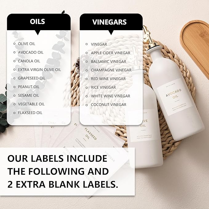 HOMCDALY Olive Oil Dispenser for Kitchen, 16oz Glass Oil Bottles with Bamboo Tray, Gold Oil&Vinegar Cruet Set, Kitchen Dispenser Bottles with Pourer | Set of 2 (16oz – Gold)