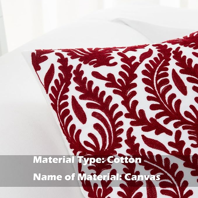 HWY 50 Burgundy Red Decorative Throw Pillow Covers 18x18 Inch (1 Piece), Embroidered Cotton Farmhouse Cushion Cover Pillow Case for Sofa Couch Living Room Bed Bedroon, Floral Branches