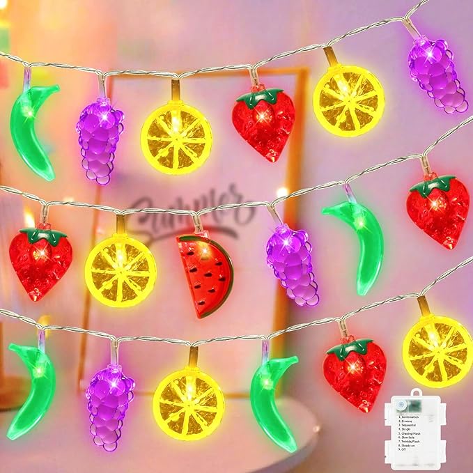 Couah [ 8 Modes & Timer ] 30 LED 16 Ft Summer Tropical String Lights Strawberry Grape Watermelon Lemon Banana Fairy Lights Battery Operated for Tropical Party Pool Beach Summer Decorations