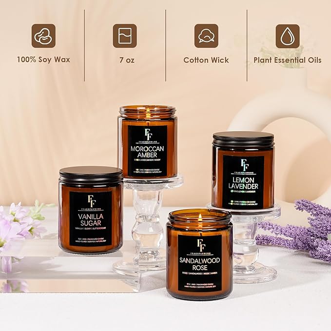 Scented Candles for Home Scented Aromatherapy Candles, 4 Pack 28 Oz Soy Wax Candle Gift Set for Women Men (Lemon Lavender/Vanilla Sugar/Sandalwood Rose/Moroccan Amber)