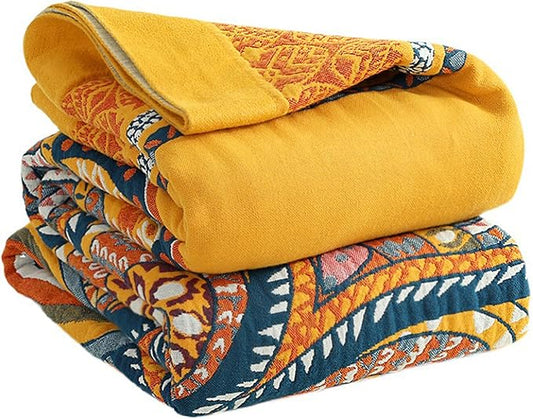 Snycler Boho 100% Cotton Throw Blanket, Decorative Muslin Boho Throw Blanket, Soft Cozy Colorful Bohemian Floral Reversible Blanket with Tassels for Chair Couch Bed Sofa Room Decor, 80x90 Inch