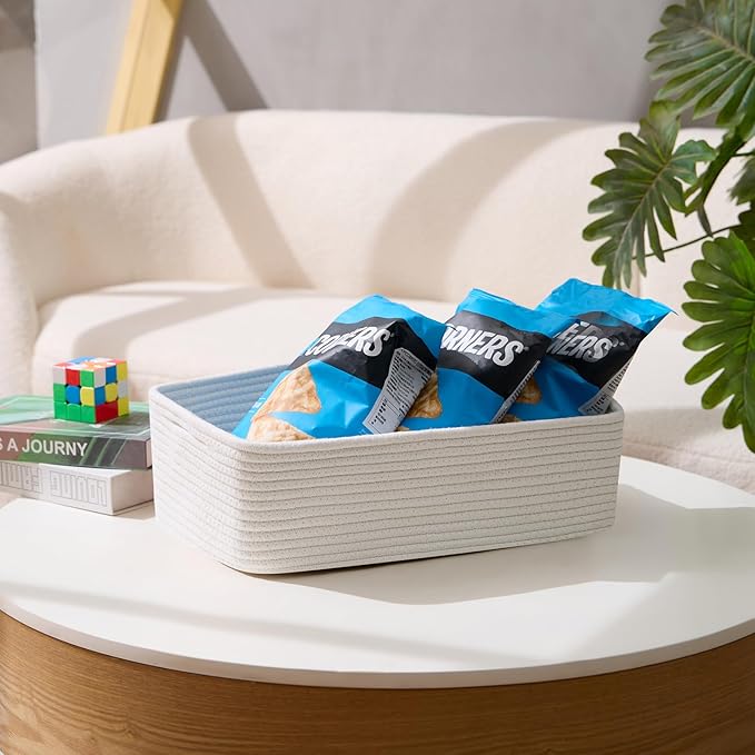 Large Shallow Organizing Baskets 15x11x5.1 Inches - Rope Woven Storage Bins for Bathroom, Shelves, Cube Closet, Off White 2 Packs