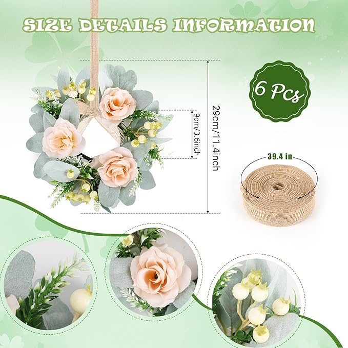6 Pcs Wedding Rose Candle Rings Swag Wreath Artificial Floral Wreaths with Lamb Leaf Flower Candle Rings Candleholders Garland for Pillar Centerpiece Party Table Wall Window Farmhouse Decor