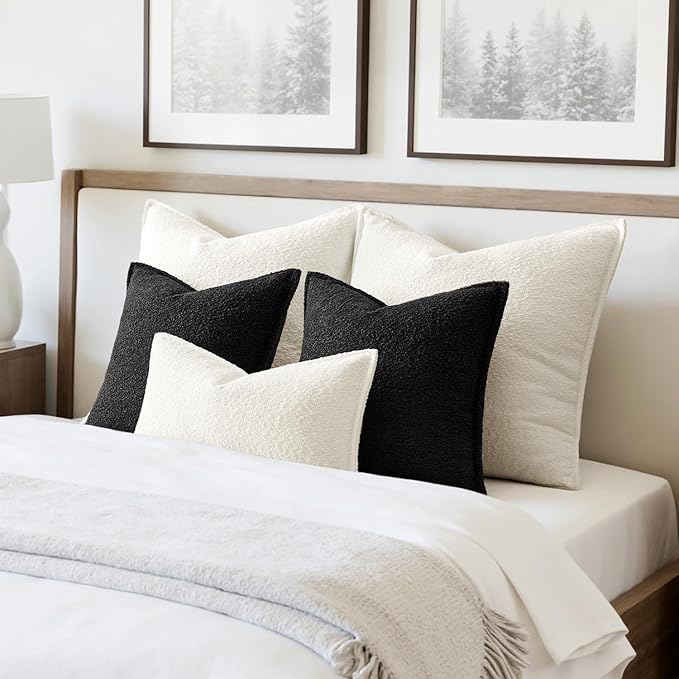 MIULEE Pack of 2 Decorative Textured Boucle Throw Pillow Covers 12x20 Inch Black Broadside Thick Boho Lumbar Pillows for Farmhouse Accents Sofa Couch Bedroom Living Room Home Decor