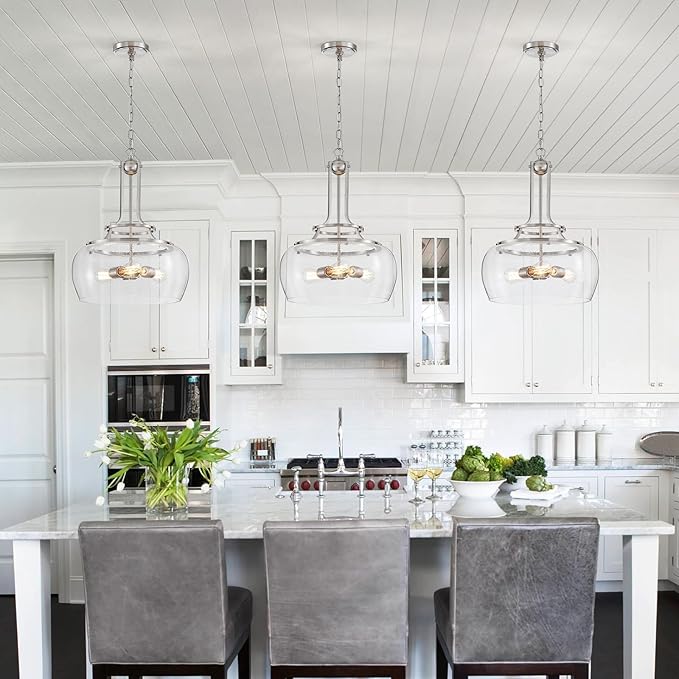 WUZUPS Chandelier Rustic Farmhouse Industrial Round Ceiling Pendant LED Light Fixture Clear Seeded Glass Shade for Dining Room Kitchen Island Foyer Entryway, H 20.9" x W 15.9", Brushed Nickel