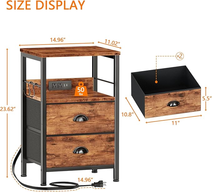 Furologee End Table with Charging Station, Nightstand with Fabric Drawers, Side Table with USB Ports & Outlets, Night Stand with Storage Shelf & Hooks, for Living Room/Bedroom, Rustic Brown