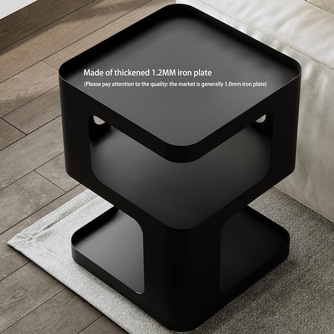 Side Table,Modern end Table,Unique nightstand,Bedside Table,Black Metal Night Stand with Storage,Accent Side Table for Couch,Bedroom,Living Room.No Assembly Required