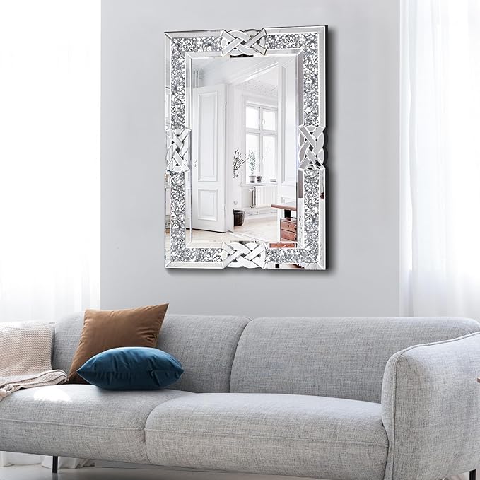 Crushed Diamond Decorative Wall Mirrors, 27.7x39.5 Inch Rectangle Living Room Mirrors for Wall Decor, Modern Glam Bathroom Dining Room Entryway Mirror Silver