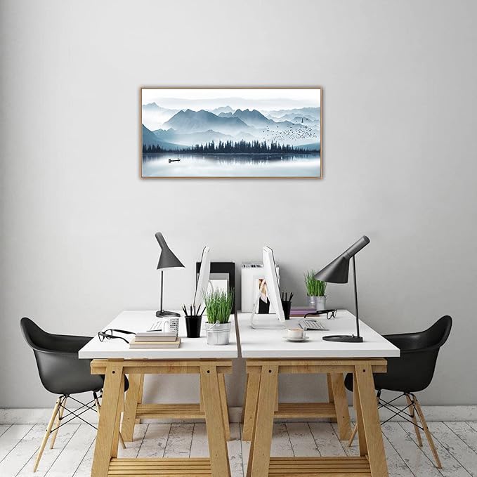 Indigo Framed Canvas Wall Art Misty Mountain Wall Pictures Foggy Lake Boat Canvas Painting Prints Forest Birds Canvas Wall Decor for Living Room Bedroom Decorations Framed 20" x 40" Natural