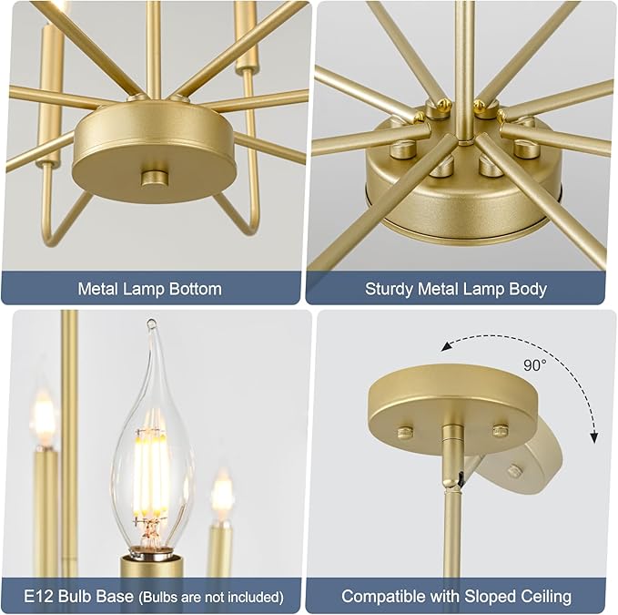 Modern Gold Farmhouse Chandeliers, 8-Light Industrial Metal Chandelier Lighting, Classic Candle Hanging Pendant Light Fixtures for Kitchen Bedroom, Dining Room, Living Room,Foyer