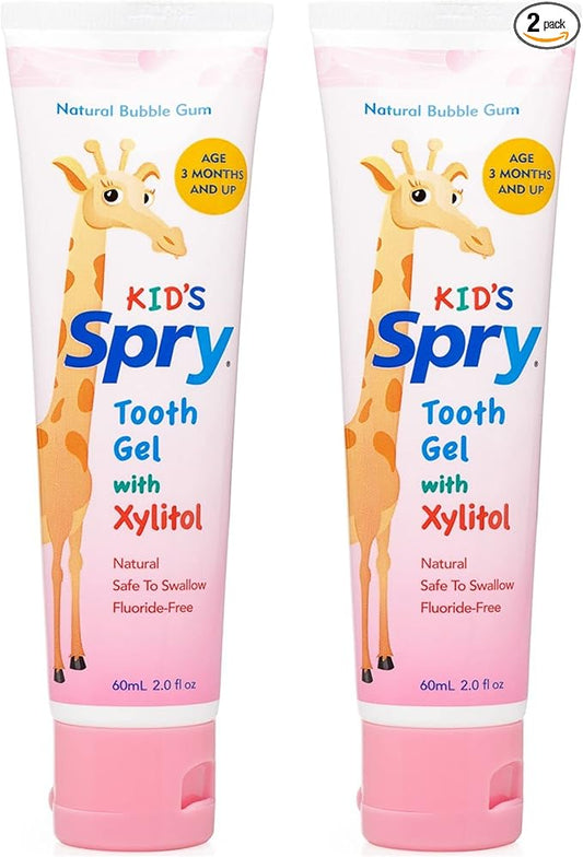 Spry Natural Xylitol Toothpaste for Baby, Toddler and Kids Age 3 Months and Up - Fluoride Free Tooth Gel, Tasty, Support Development of Emerging Teeth, Bubble Gum 2 Fl Oz (Pack of 2)