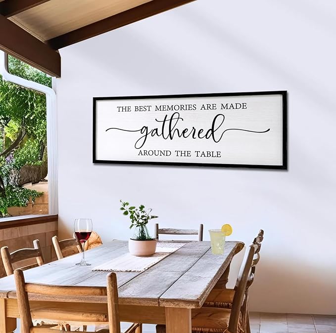 The Best Memories are Made Gathered Around The Table Sign Framed Wall Art, 32''×12'' Rustic Horizontal Plaque with Black Frame for Dinning Living Room, Farmhouse Long Home Family Wood Sign Wall Decor