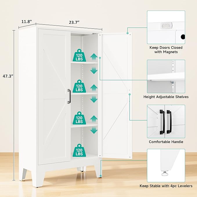 SISESOL Metal Storage Cabinet with 2 Doors and 3 Shelves,White Pantry Storage Cabinet with Legs,Farmhouse Pantry Cabinets Cupboard,Bathroom Cabinets for Home,Kitchen,Dining/Living Room (47.3" H)